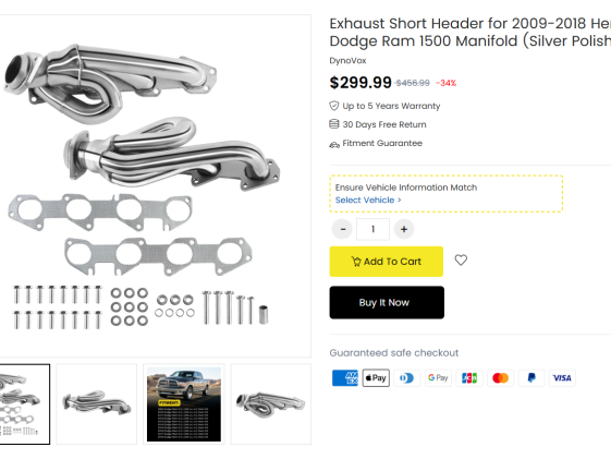 Exhaust Short Header for 2009 2018 Hemi 5.7L Dodge Ram 1500 Manifold (Silver Polished)