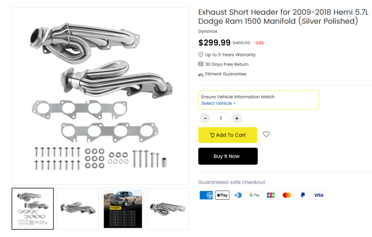 Exhaust Short Header for 2009 2018 Hemi 5.7L Dodge Ram 1500 Manifold (Silver Polished)